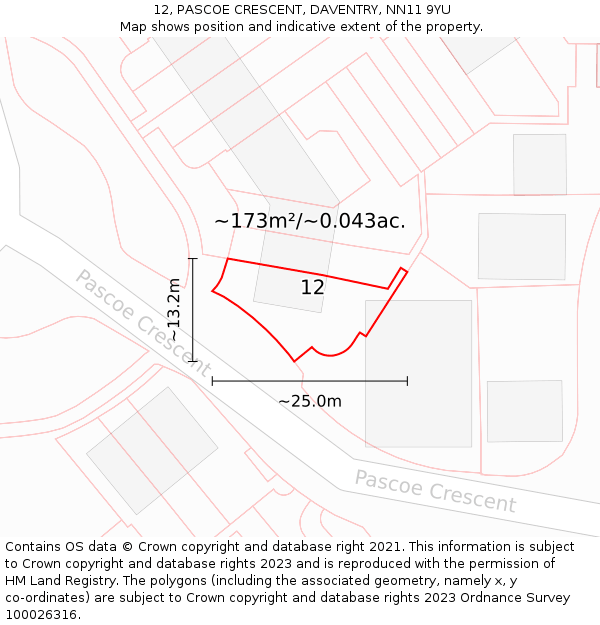 12, PASCOE CRESCENT, DAVENTRY, NN11 9YU: Plot and title map