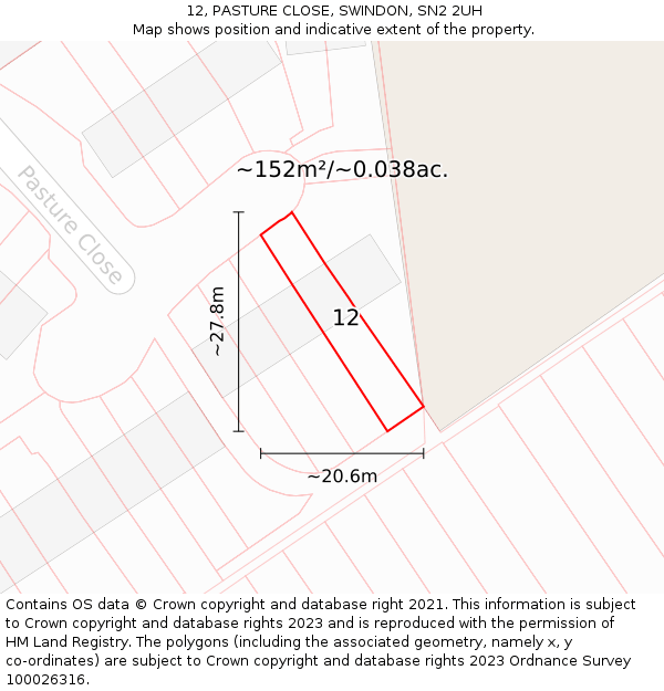 12, PASTURE CLOSE, SWINDON, SN2 2UH: Plot and title map