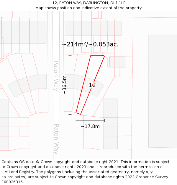 12, PATON WAY, DARLINGTON, DL1 1LP: Plot and title map