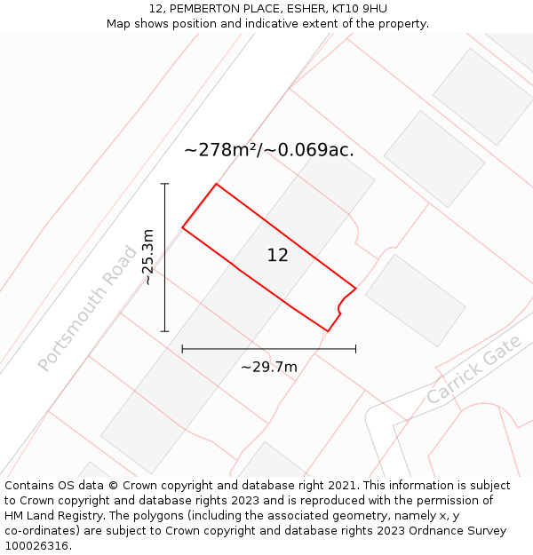 12, PEMBERTON PLACE, ESHER, KT10 9HU: Plot and title map