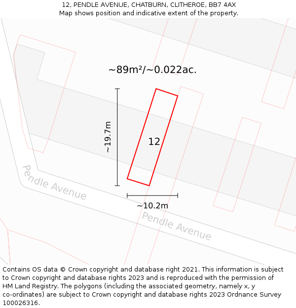 12, PENDLE AVENUE, CHATBURN, CLITHEROE, BB7 4AX: Plot and title map