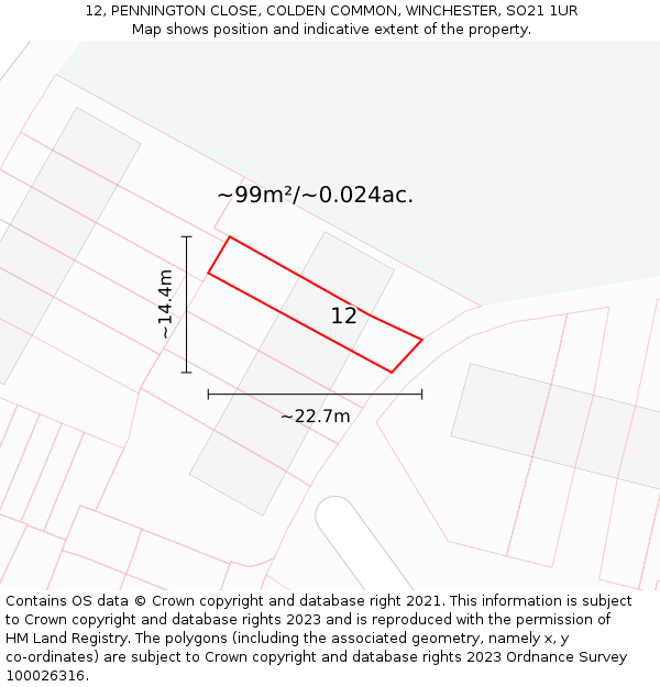 12, PENNINGTON CLOSE, COLDEN COMMON, WINCHESTER, SO21 1UR: Plot and title map