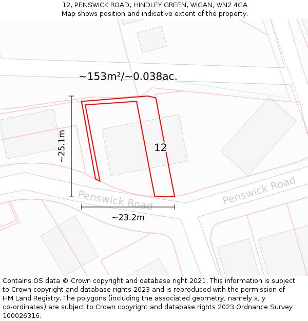 12, PENSWICK ROAD, HINDLEY GREEN, WIGAN, WN2 4GA: Plot and title map