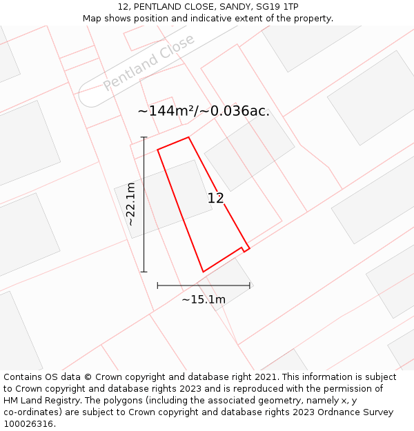 12, PENTLAND CLOSE, SANDY, SG19 1TP: Plot and title map