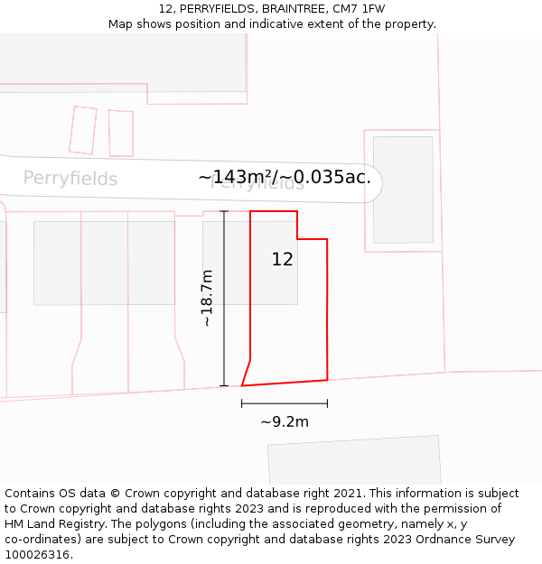 12, PERRYFIELDS, BRAINTREE, CM7 1FW: Plot and title map