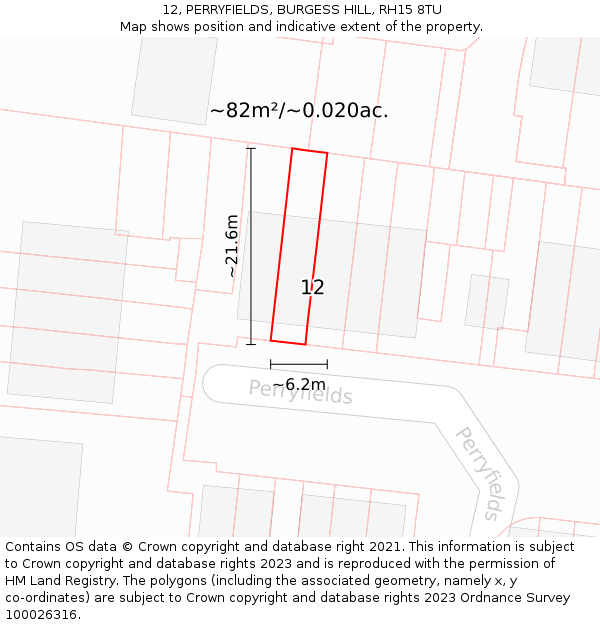 12, PERRYFIELDS, BURGESS HILL, RH15 8TU: Plot and title map