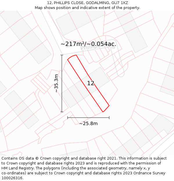 12, PHILLIPS CLOSE, GODALMING, GU7 1XZ: Plot and title map