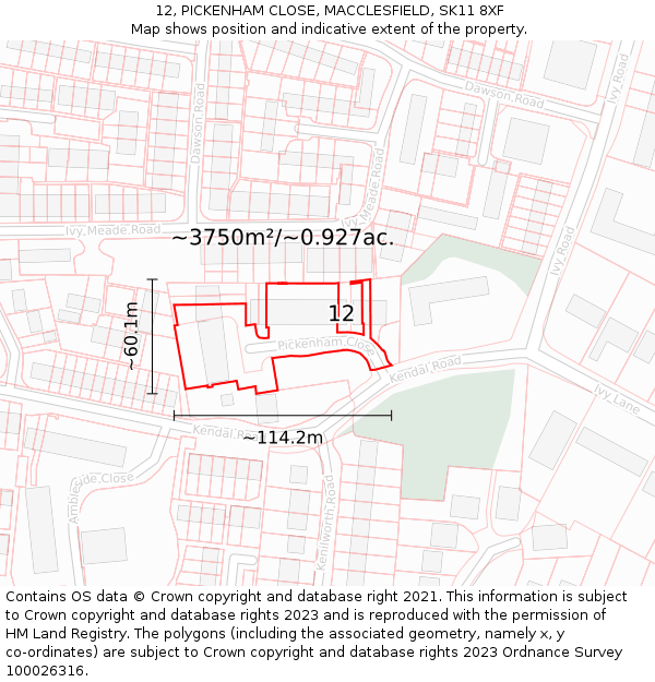 12, PICKENHAM CLOSE, MACCLESFIELD, SK11 8XF: Plot and title map