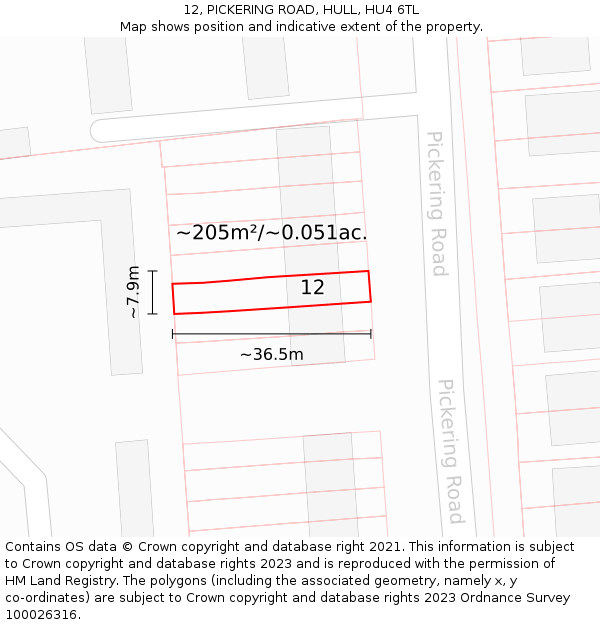 12, PICKERING ROAD, HULL, HU4 6TL: Plot and title map