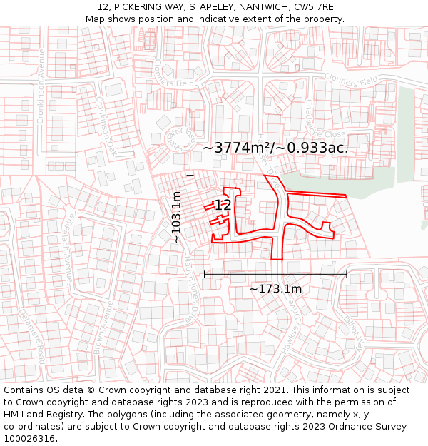 12, PICKERING WAY, STAPELEY, NANTWICH, CW5 7RE: Plot and title map