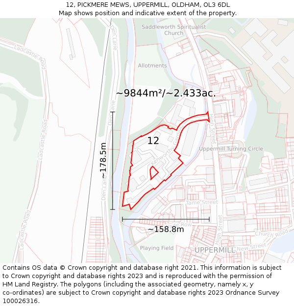 12, PICKMERE MEWS, UPPERMILL, OLDHAM, OL3 6DL: Plot and title map