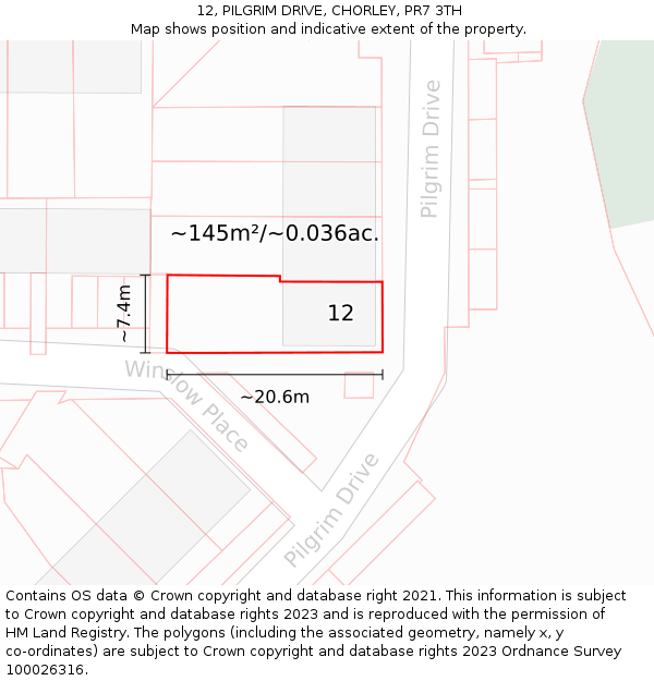 12, PILGRIM DRIVE, CHORLEY, PR7 3TH: Plot and title map