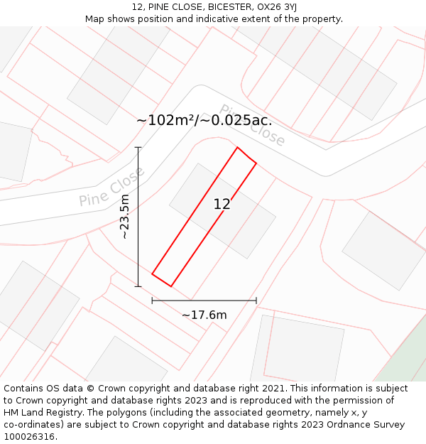 12, PINE CLOSE, BICESTER, OX26 3YJ: Plot and title map