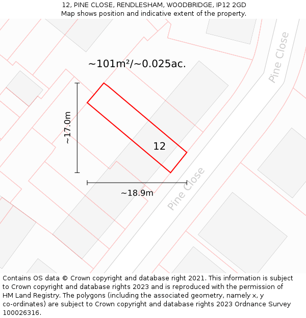 12, PINE CLOSE, RENDLESHAM, WOODBRIDGE, IP12 2GD: Plot and title map