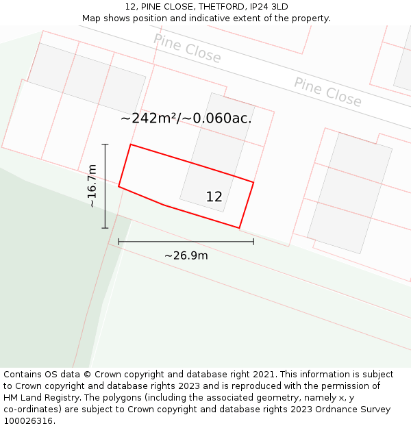 12, PINE CLOSE, THETFORD, IP24 3LD: Plot and title map