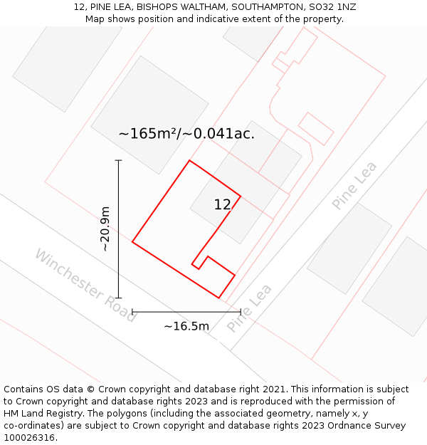 12, PINE LEA, BISHOPS WALTHAM, SOUTHAMPTON, SO32 1NZ: Plot and title map