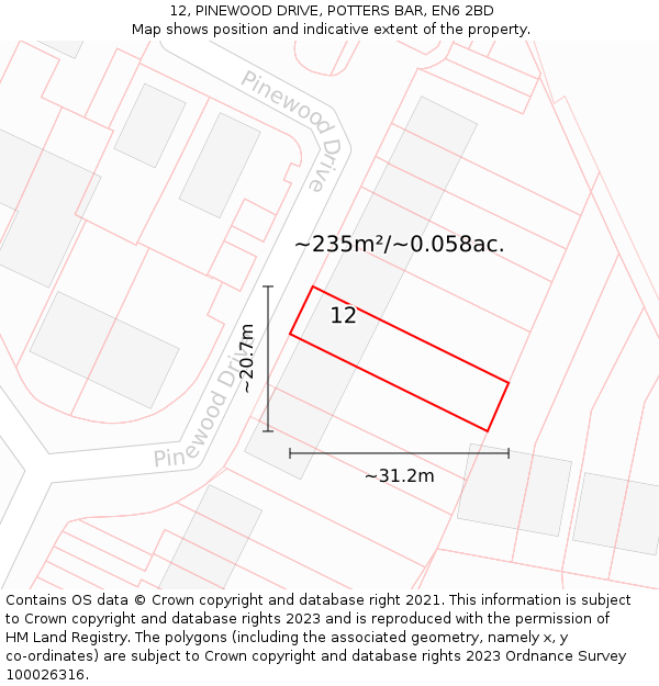 12, PINEWOOD DRIVE, POTTERS BAR, EN6 2BD: Plot and title map