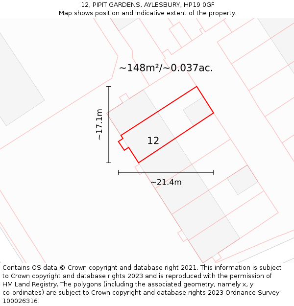 12, PIPIT GARDENS, AYLESBURY, HP19 0GF: Plot and title map