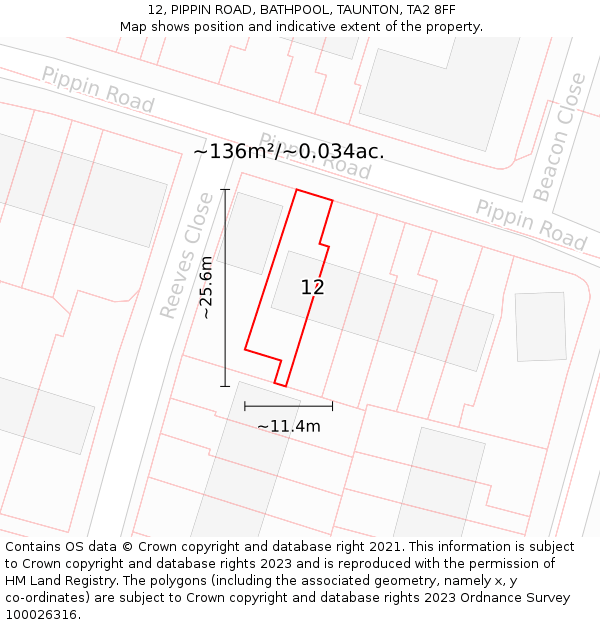 12, PIPPIN ROAD, BATHPOOL, TAUNTON, TA2 8FF: Plot and title map