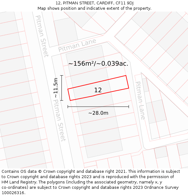 12, PITMAN STREET, CARDIFF, CF11 9DJ: Plot and title map