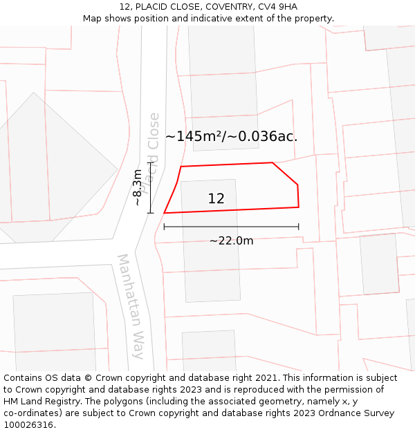 12, PLACID CLOSE, COVENTRY, CV4 9HA: Plot and title map