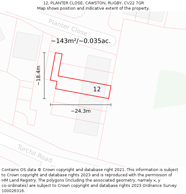 12, PLANTER CLOSE, CAWSTON, RUGBY, CV22 7GR: Plot and title map