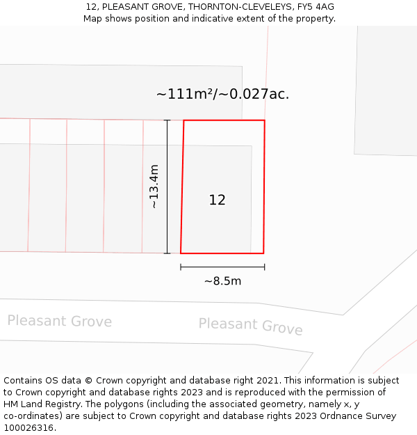 12, PLEASANT GROVE, THORNTON-CLEVELEYS, FY5 4AG: Plot and title map