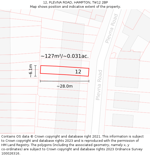 12, PLEVNA ROAD, HAMPTON, TW12 2BP: Plot and title map