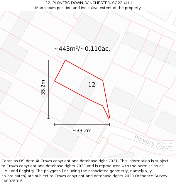 12, PLOVERS DOWN, WINCHESTER, SO22 4HH: Plot and title map