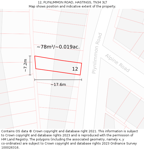 12, PLYNLIMMON ROAD, HASTINGS, TN34 3LT: Plot and title map