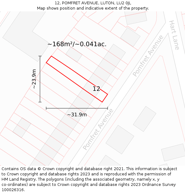 12, POMFRET AVENUE, LUTON, LU2 0JL: Plot and title map