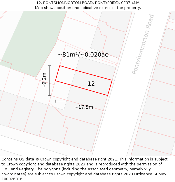 12, PONTSHONNORTON ROAD, PONTYPRIDD, CF37 4NA: Plot and title map