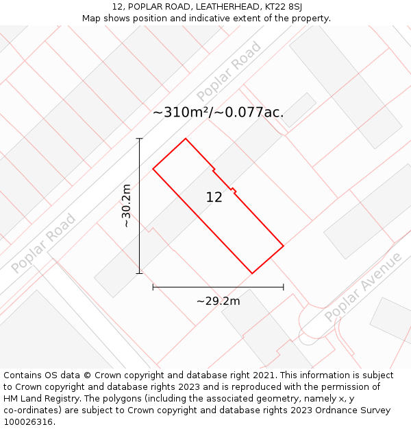 12, POPLAR ROAD, LEATHERHEAD, KT22 8SJ: Plot and title map