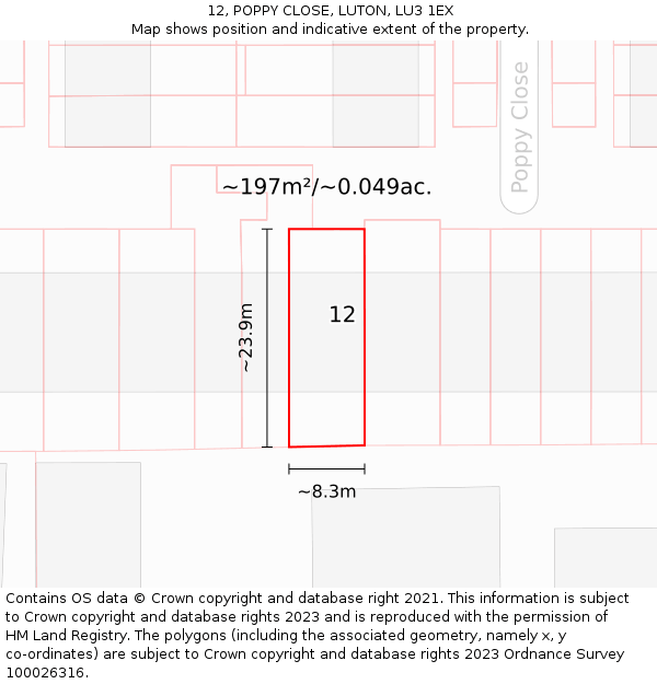 12, POPPY CLOSE, LUTON, LU3 1EX: Plot and title map