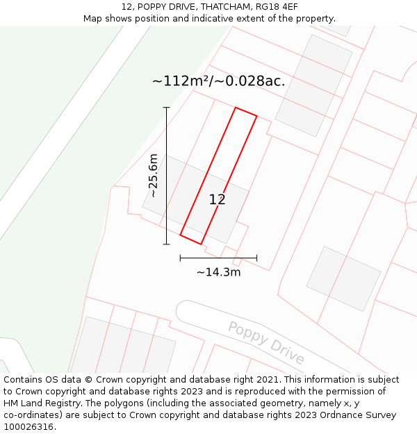 12, POPPY DRIVE, THATCHAM, RG18 4EF: Plot and title map