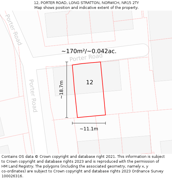 12, PORTER ROAD, LONG STRATTON, NORWICH, NR15 2TY: Plot and title map