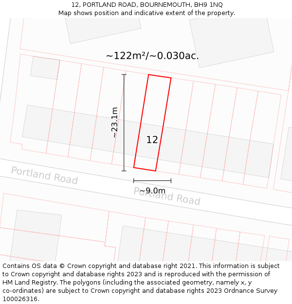 12, PORTLAND ROAD, BOURNEMOUTH, BH9 1NQ: Plot and title map