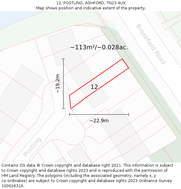 12, POSTLING, ASHFORD, TN23 4UX: Plot and title map