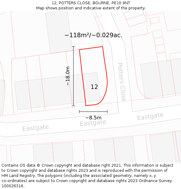 12, POTTERS CLOSE, BOURNE, PE10 9NT: Plot and title map