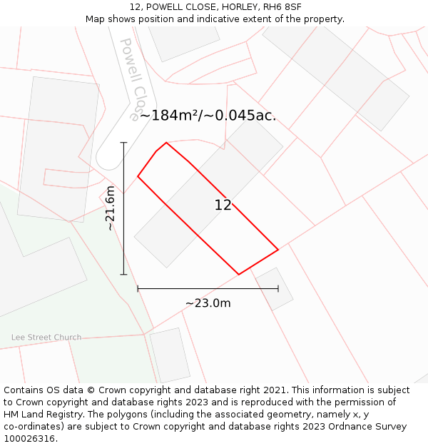 12, POWELL CLOSE, HORLEY, RH6 8SF: Plot and title map
