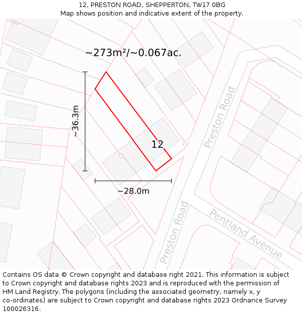 12, PRESTON ROAD, SHEPPERTON, TW17 0BG: Plot and title map