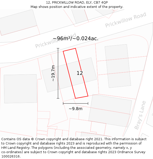 12, PRICKWILLOW ROAD, ELY, CB7 4QP: Plot and title map