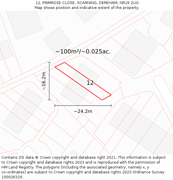 12, PRIMROSE CLOSE, SCARNING, DEREHAM, NR19 2UG: Plot and title map