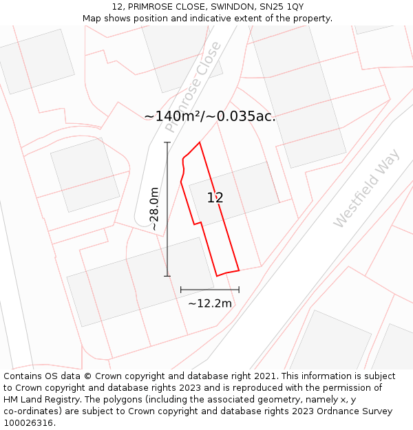 12, PRIMROSE CLOSE, SWINDON, SN25 1QY: Plot and title map