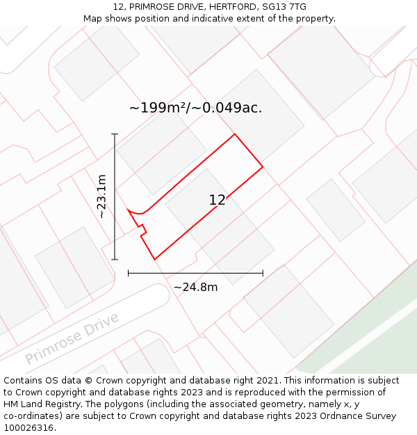 12, PRIMROSE DRIVE, HERTFORD, SG13 7TG: Plot and title map