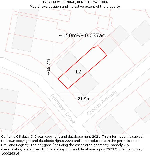 12, PRIMROSE DRIVE, PENRITH, CA11 8FA: Plot and title map