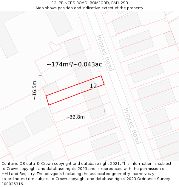 12, PRINCES ROAD, ROMFORD, RM1 2SR: Plot and title map