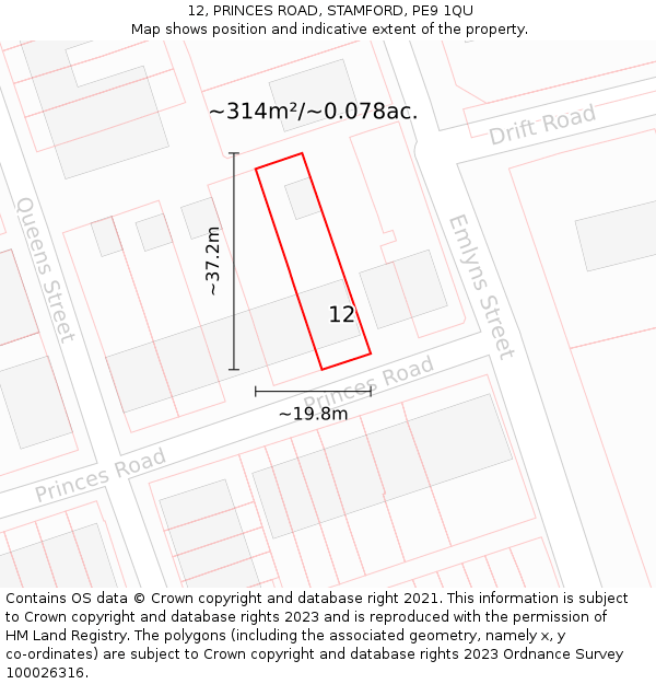 12, PRINCES ROAD, STAMFORD, PE9 1QU: Plot and title map