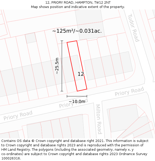 12, PRIORY ROAD, HAMPTON, TW12 2NT: Plot and title map