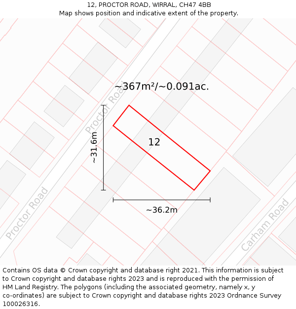 12, PROCTOR ROAD, WIRRAL, CH47 4BB: Plot and title map